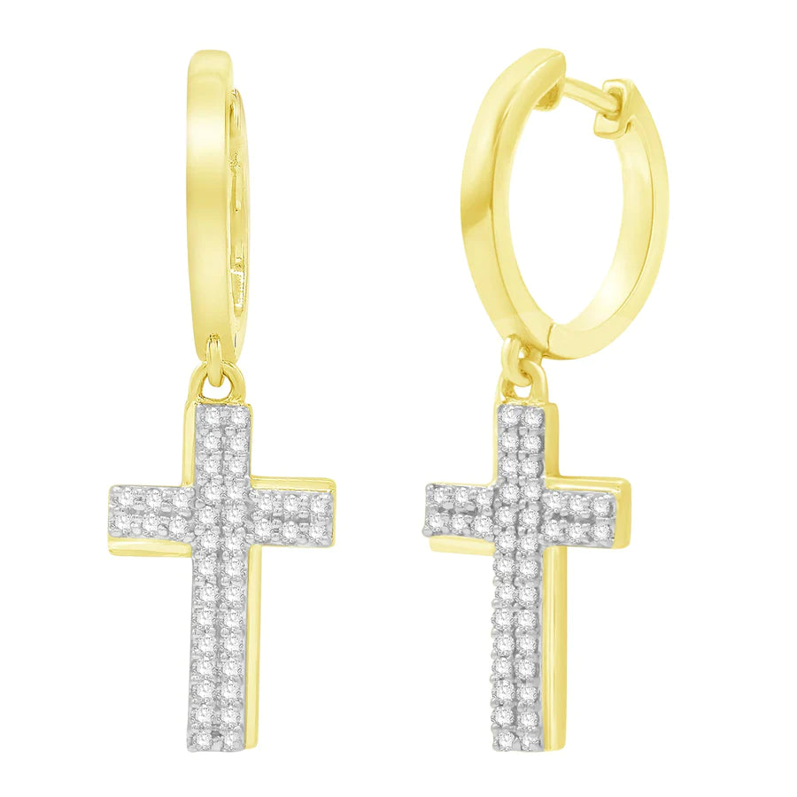 modern earrings for women-Diamond Cross Drop Earrings (14K )