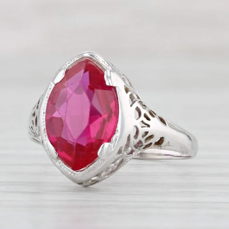 affordable engagement rings with gemstones for women-Vintage 2.40ct Lab Created Ruby Ring 18k White Gold Size 7.75 Marquise Solitaire