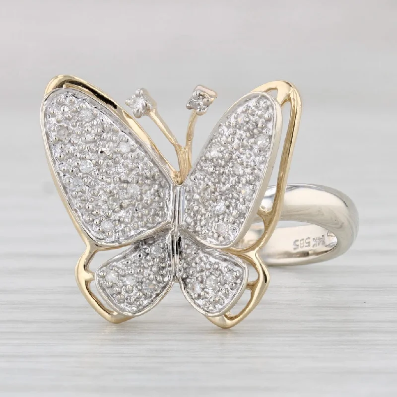 custom wedding and engagement rings for women-Pave Diamond Butterfly Ring 14k Yellow White Gold Size 6 Statement