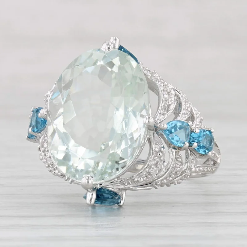 gold-plated engagement rings for women-10.60ctw Green Amethyst Prasiolite Blue Topaz 14k White Gold Size 6 Cocktail