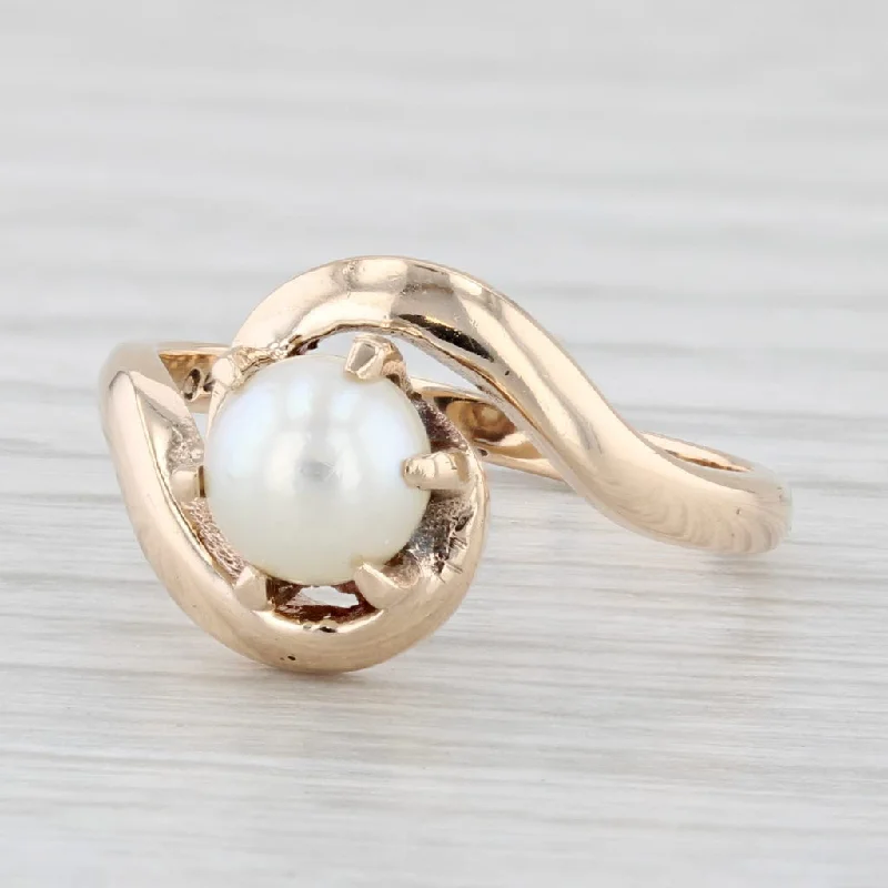 silver engagement rings for women-Cultured Pearl Solitaire Ring 10k Yellow Gold Size 6 Bypass