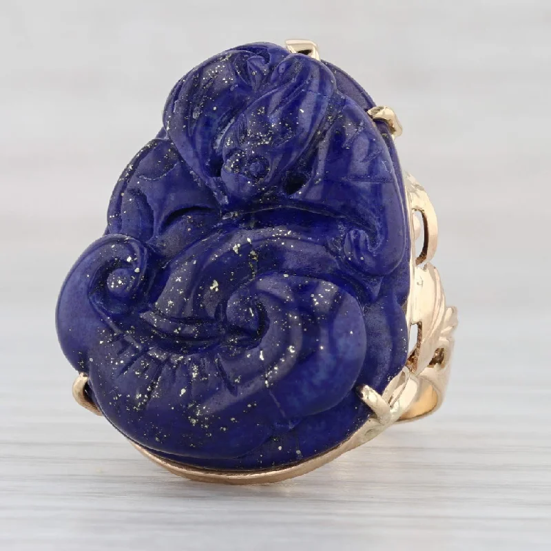 diamond engagement rings for women-Figural Carved Lapis Lazuli Ring 14k Gold Thai Fire god Asian deity Size 7.5