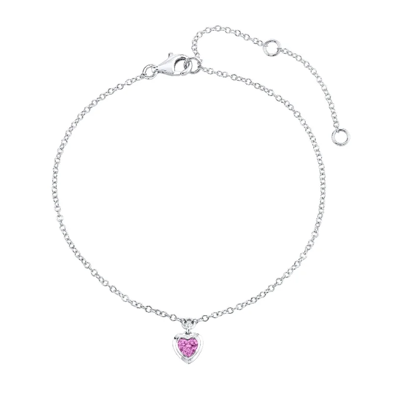 flower anklets for women-MINI ME PINK SAPPHIRE BEZEL HEART DROP ANKLET