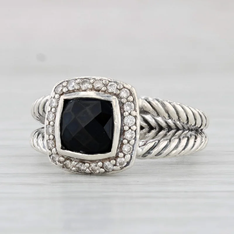 affordable engagement ring sets for women-David Yurman Petite Albion Collection Onyx Diamond Halo Ring Sterling Silver