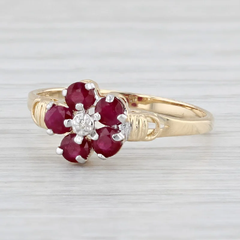 anniversary gift engagement rings for women-Ruby Flower Ring 14k Yellow Gold Size 7 Diamond Accents