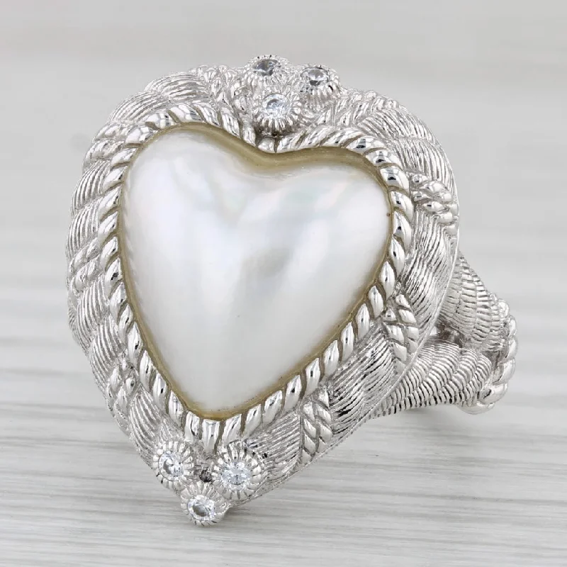 affordable engagement rings with gemstones for women-Judith Ripka Faux Pearl Heart Ring Sterling Silver Cubic Zirconia Sz 7 Statement