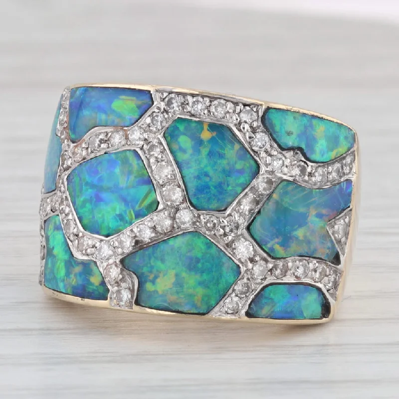 antique-style engagement rings for women-Blue Green Opal Diamond Mosaic Cocktail Ring 14k Yellow Gold Size 7