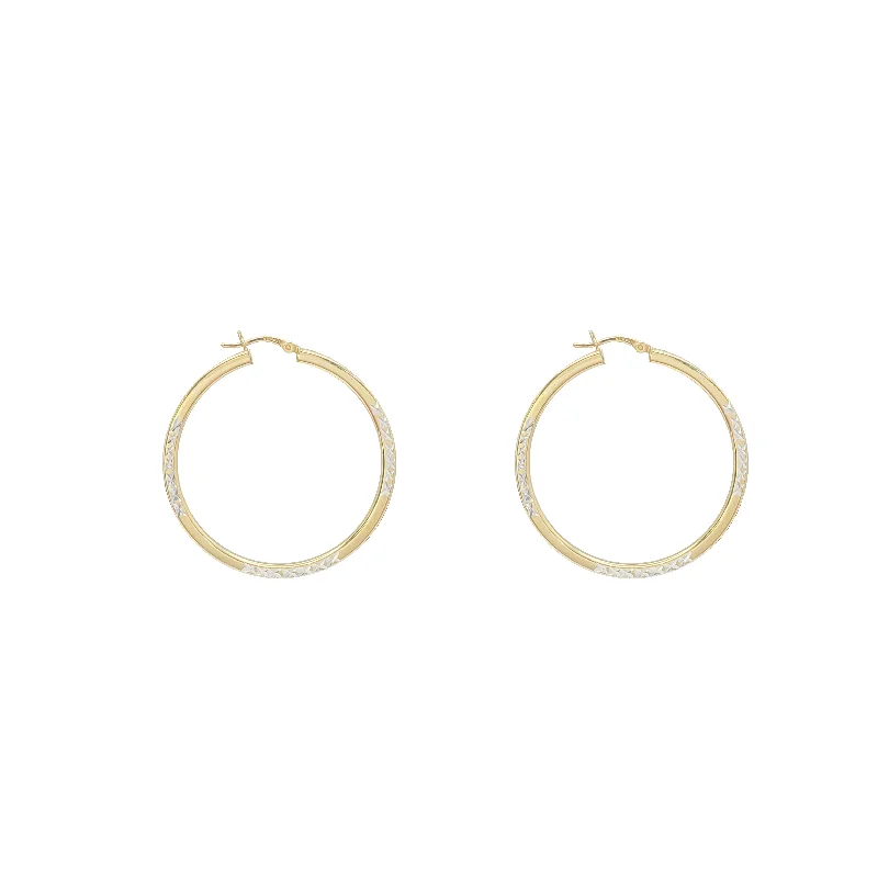 simple earrings for women-Two-Tone Diamond Cut Hoop Earing (Silver)