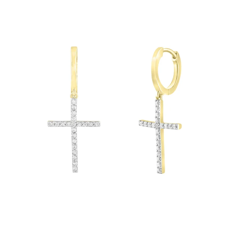 classic earrings for women-Diamond Cross Dangling Huggie Earrings (14K)