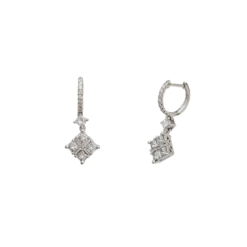 crystal drop earrings for women-Diamond Princess-cut Dangling Huggie Earrings (14K)