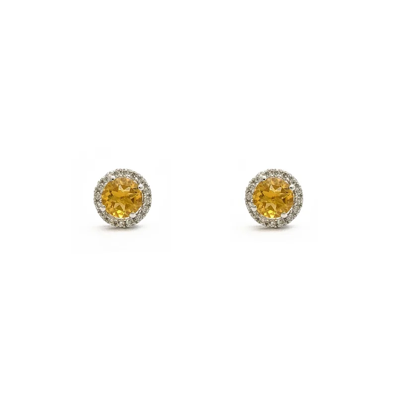 vintage gemstone earrings for women-Diamond Halo Citrine Stud Earrings (14K)