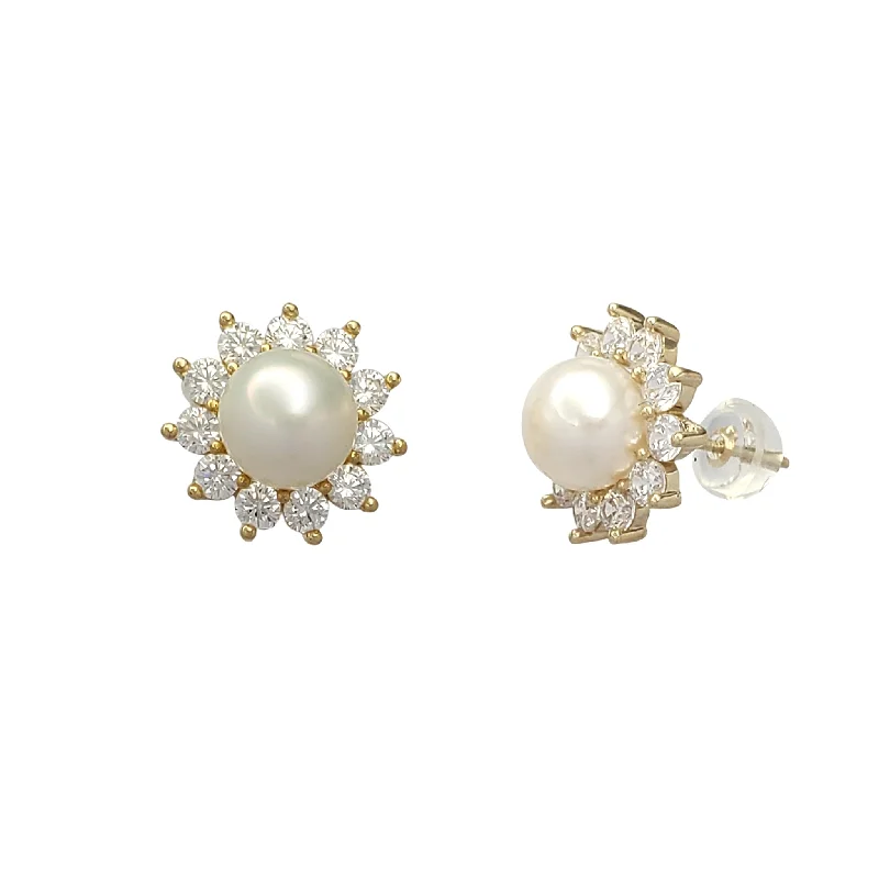 custom hoop earrings for women-Zirconia Halo Pearl Stud Earrings (14K)