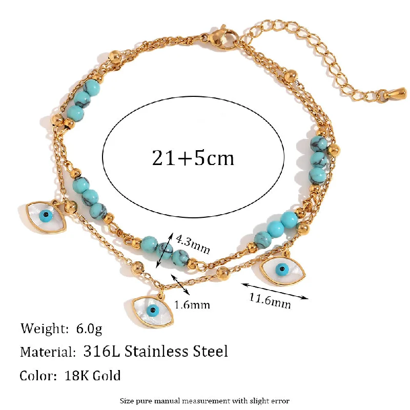 Three White Shell Eyes Blue Turquoise Double Layer Feet Chains - Gold