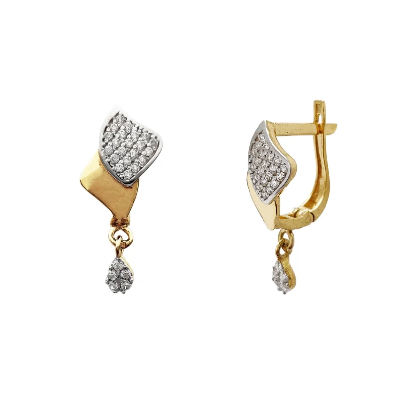 fashion stud earrings for women-Two-Tone Pave Teardrop Hanging Huggie Earrings (14K)