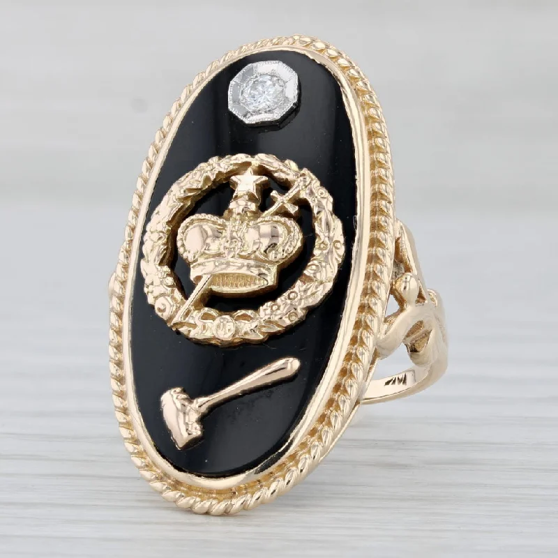 gold diamond engagement rings for women-Order of Amaranth Signet Ring 10k Yellow Gold Diamond Onyx Size 8 Crown Gavel