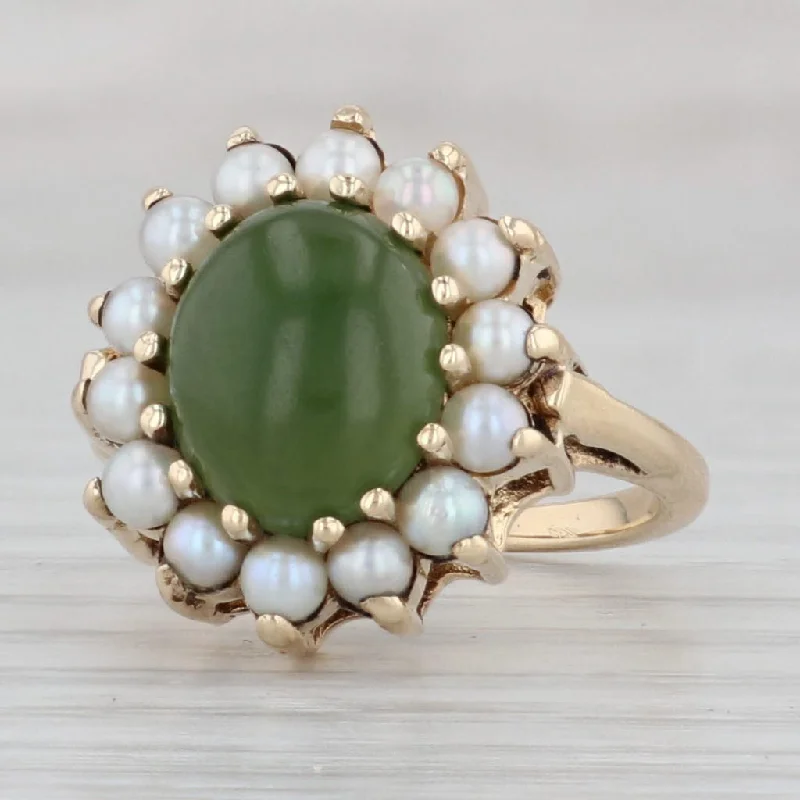 modern diamond engagement rings for women-Green Nephrite Jade Cultured Pearl Halo Ring 14k Yellow Gold Size 4.5