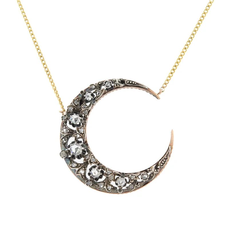 classic gold necklaces for women-Victorian 18k + Sterling Topped Diamond Crescent Moon Necklace