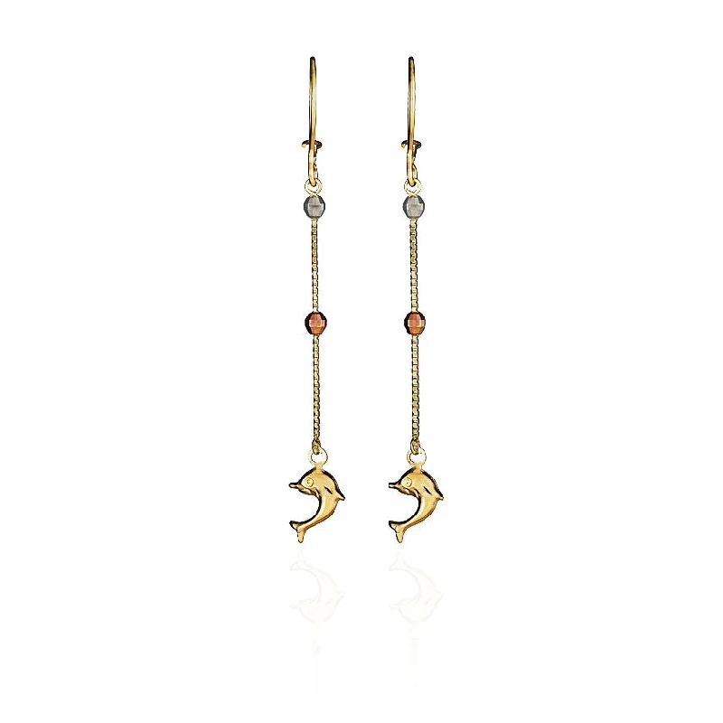 classic diamond earrings for women-Tri-Color Dolphin Dangle Drop Earring (14K)