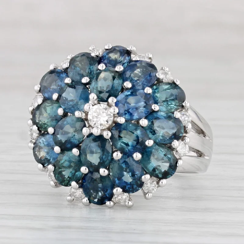 engagement rings with gemstones for women-8.42ctw Blue Sapphire Diamond Flower Cluster Ring 14k White Gold Size 7.75