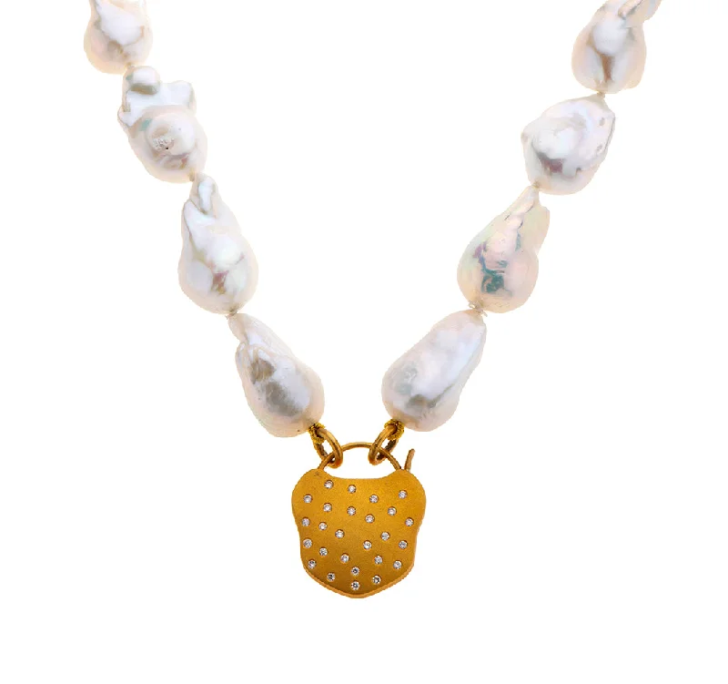 modern crystal necklaces for women-Nava Zahavi Yellow Gold Wild Pearl Diamonds Lock Necklace