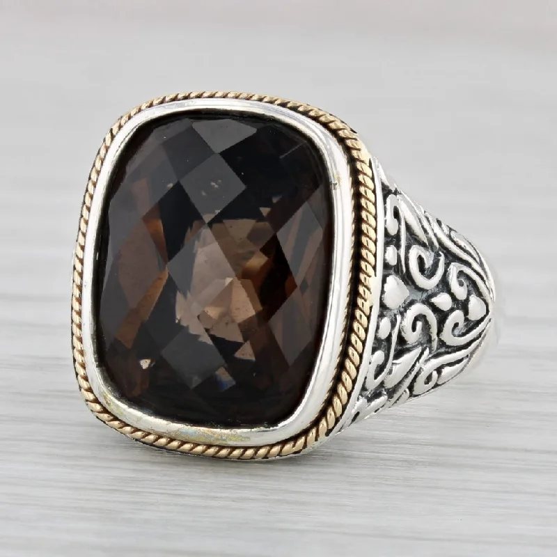 cushion-shaped engagement rings for women-Effy Smoky Quartz Ring Ornate Sterling Silver 18k Gold Size 7.25