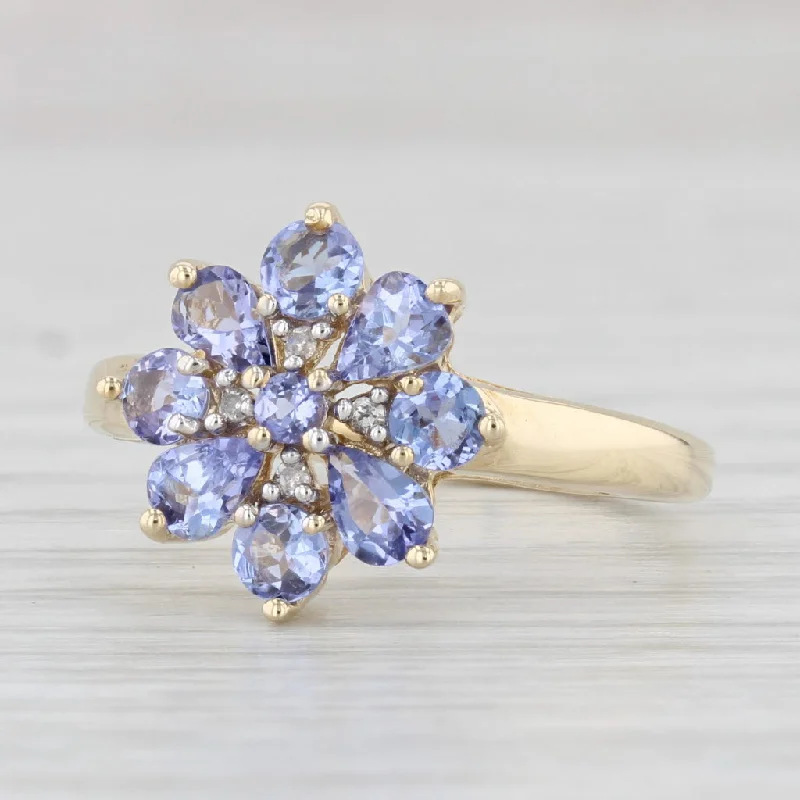 anniversary engagement rings for women-0.82ctw Tanzanite Diamond Flower Cluster Ring 14k Yellow Gold Size 7