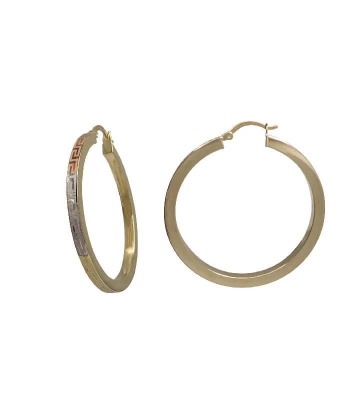 luxury gold earrings for women-Tri-Tone Greek Key Pattern Hoop Earring (14K)