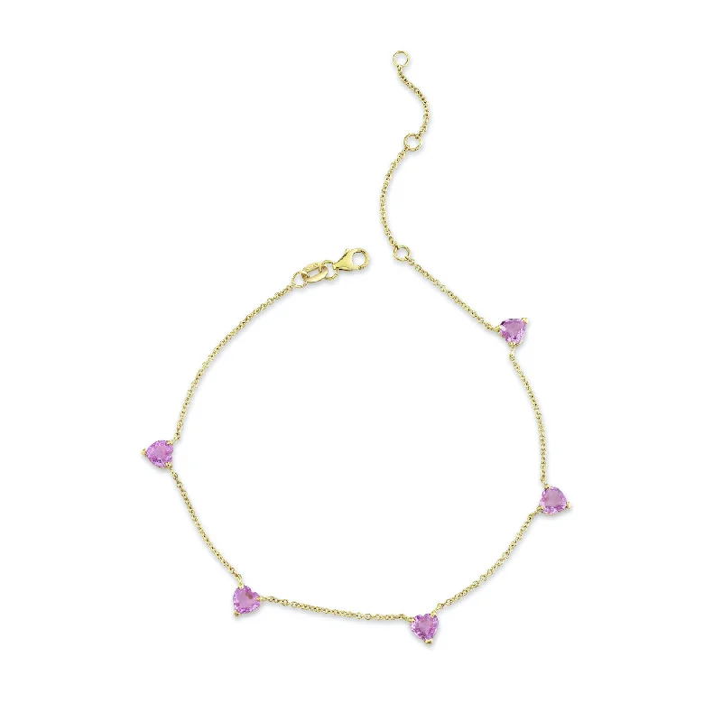 nautical anklets for women-PINK SAPPHIRE 5 HEART ANKLET