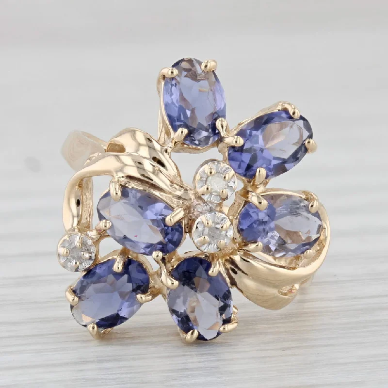 classic solitaire engagement rings for women-2.34ctw Iolite Diamond Cluster Ring 14k Yellow Gold Size 7 Floral Cocktail