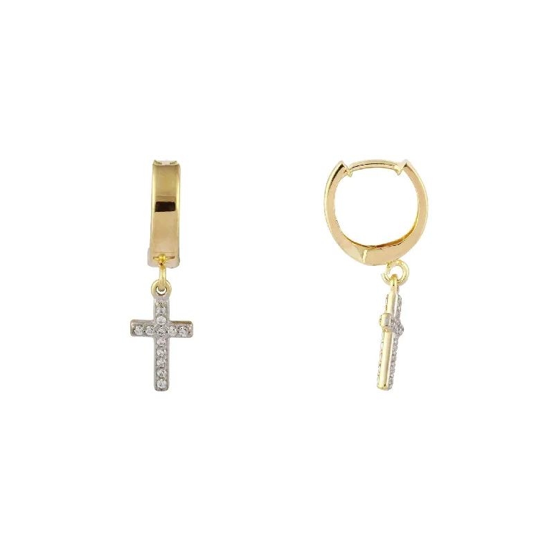 infinity earrings for women-Zirconia Dangling Cross Huggie Earrings (14K)