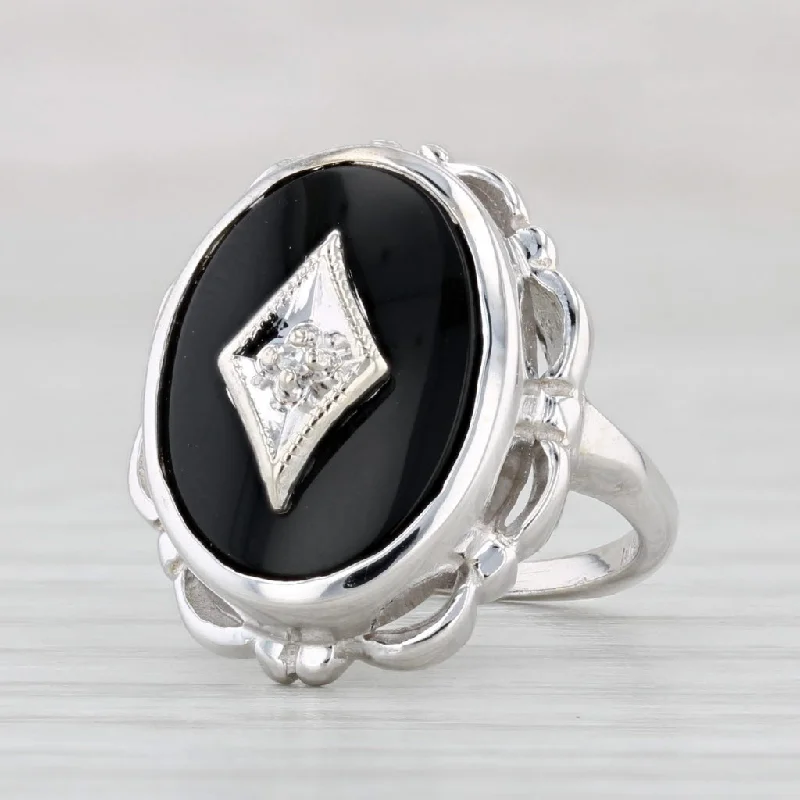 three-stone engagement rings for women-Vintage Onyx Diamond Signet Ring 10k White Gold Size 2.25