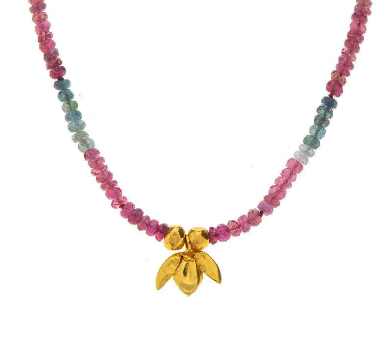 minimalist necklaces for women-Nava Zahavi Multi Color Tourmaline Yellow Gold Flower Necklace