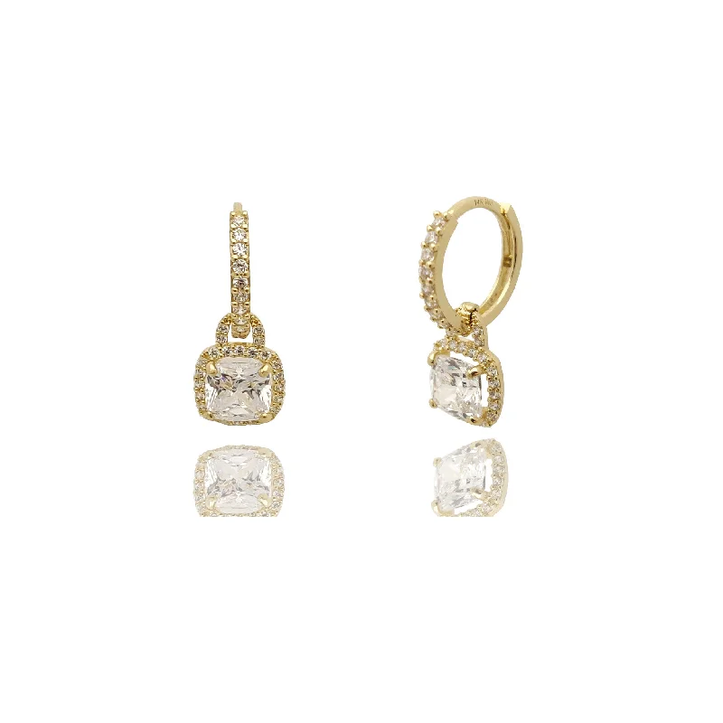 unique earrings for women-Cushion Halo Pave CZ Huggie Earrings (14K).