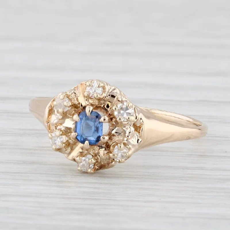 oval diamond engagement rings for women-Vintage 0.25ctw Blue Sapphire Diamond Halo Ring 14k Yellow Gold Size 7.5