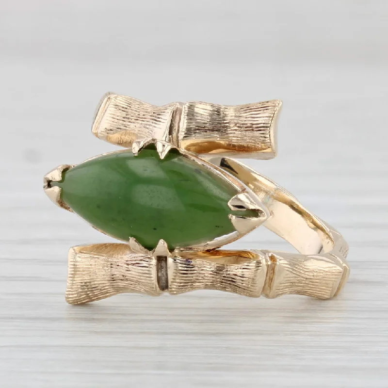 diamond engagement rings for women-Marquise Green Nephrite Jade Bamboo Ring 10k Yellow Gold Bypass Size 6.25