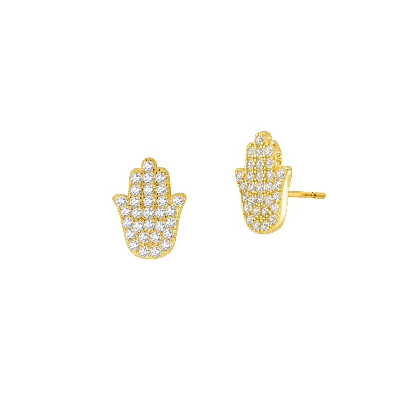 gold drop earrings for women-Iced-Out Hamsa Stud Earrings (14K)