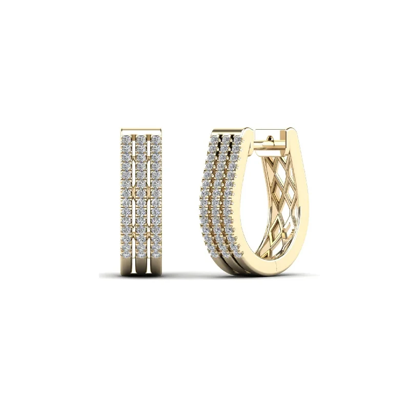 crystal stud earrings for women-Diamond Three-Stripes U-Shape Huggie Earrings (14K)