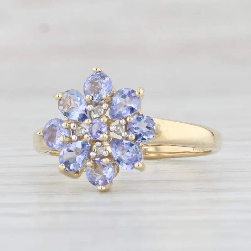 large engagement rings for women-1.06ctw Tanzanite Flower Cluster Ring 14k Yellow Gold Size 7 Diamond Accents