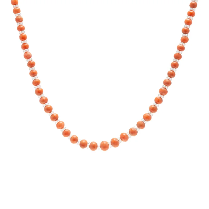 wedding gift necklaces for women-Art Deco Coral + Rock Quartz Crystal Beaded Necklace 34.5"