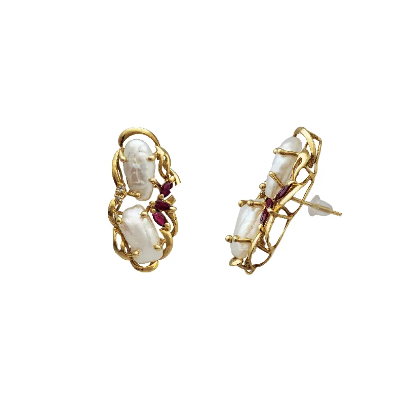 small hoop earrings for women-Ruby Twin Rocky Pearl Earrings (14K)