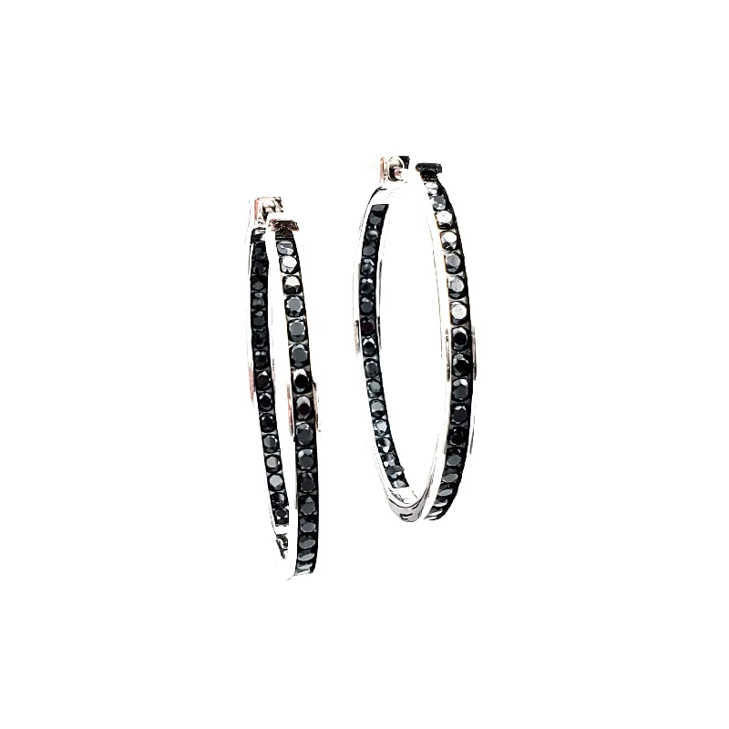 yellow gold earrings for women-Black Stone Hoop Earring (Silver)