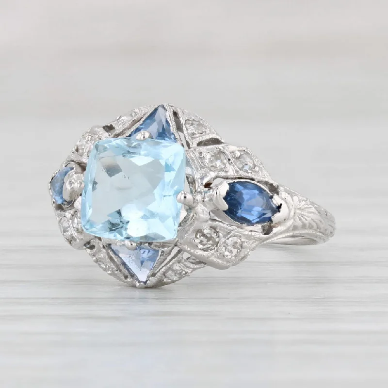 beautiful engagement rings for women-Vintage 1.76ctw Aquamarine Diamond Lab Created Sapphire Ring Platinum Size 5.5