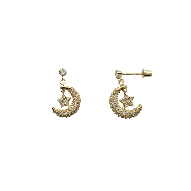 sterling silver hoop earrings for women-Icy Crescent Moon Dangling Earrings (14K)