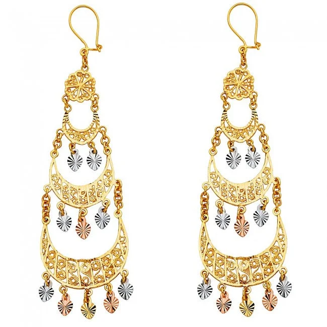 gold earrings for women-Tricolor Diamond-cut Chandelier Earrings (14K)