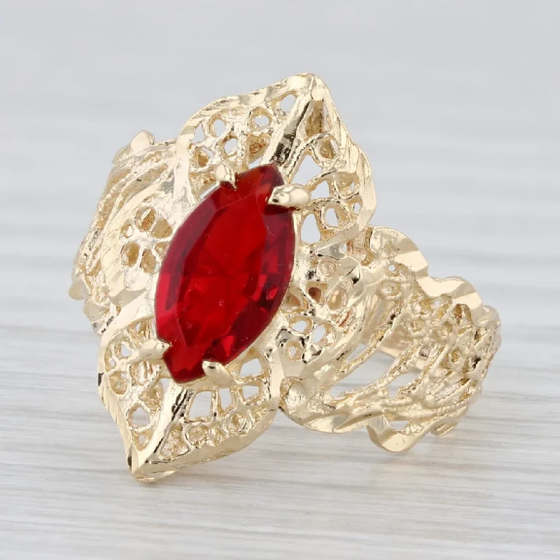 statement engagement rings for women-Red Glass Marquise Solitaire Ring 14k Yellow Gold Ornate Filigree Size 6.5