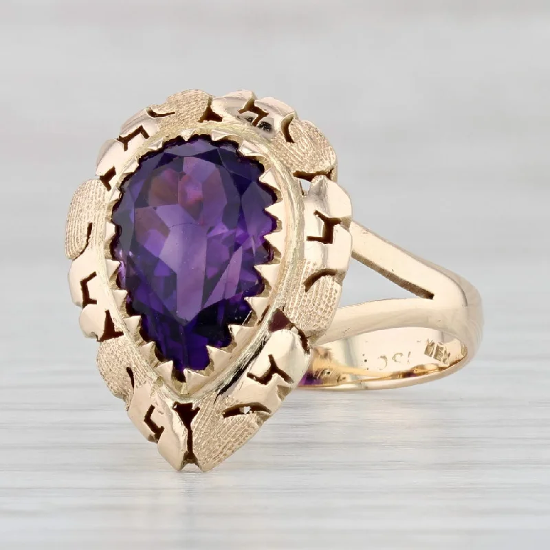 large diamond engagement rings for women-Vintage 3.70ct Pear Amethyst Solitaire Ring 14k Yellow Gold Size 8 Teardrop