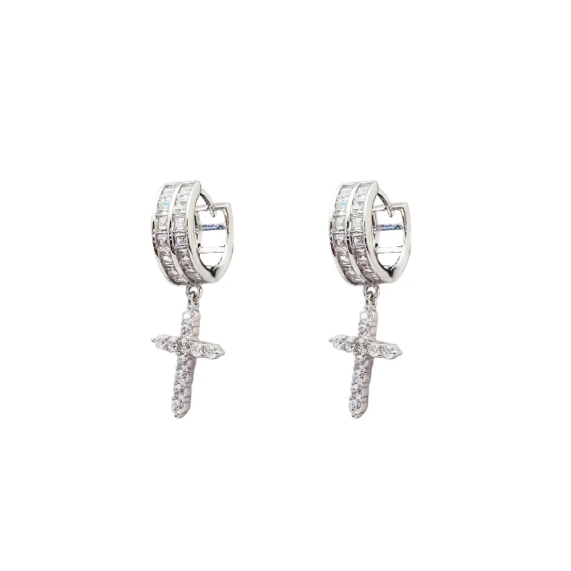 diamond stud earrings for women-Cross Wide Huggie CZ Earrings (Silver)