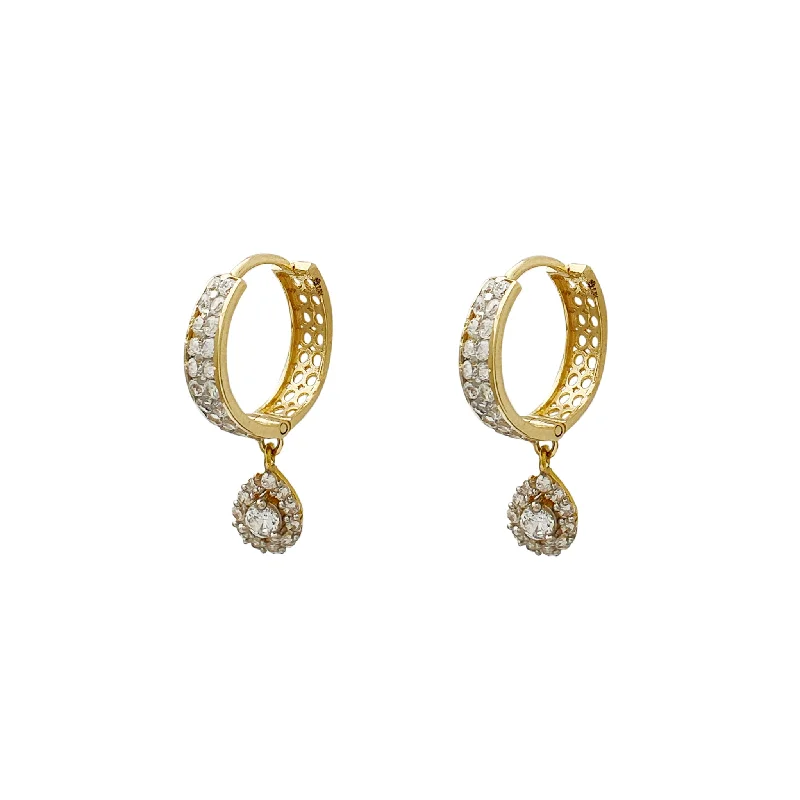 luxury earrings for women-Halo Teardrop Double Row CZ Dangling Earrings (14K)