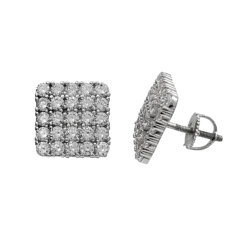 round diamond earrings for women-Zirconia Iced-Out Square Stud Earrings (Silver)