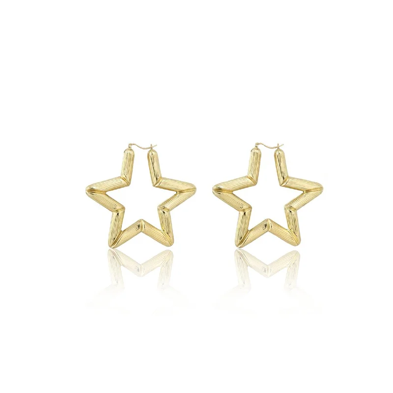 vintage drop earrings for women-Star Shaped Bamboo Hoop Earrings (10K)